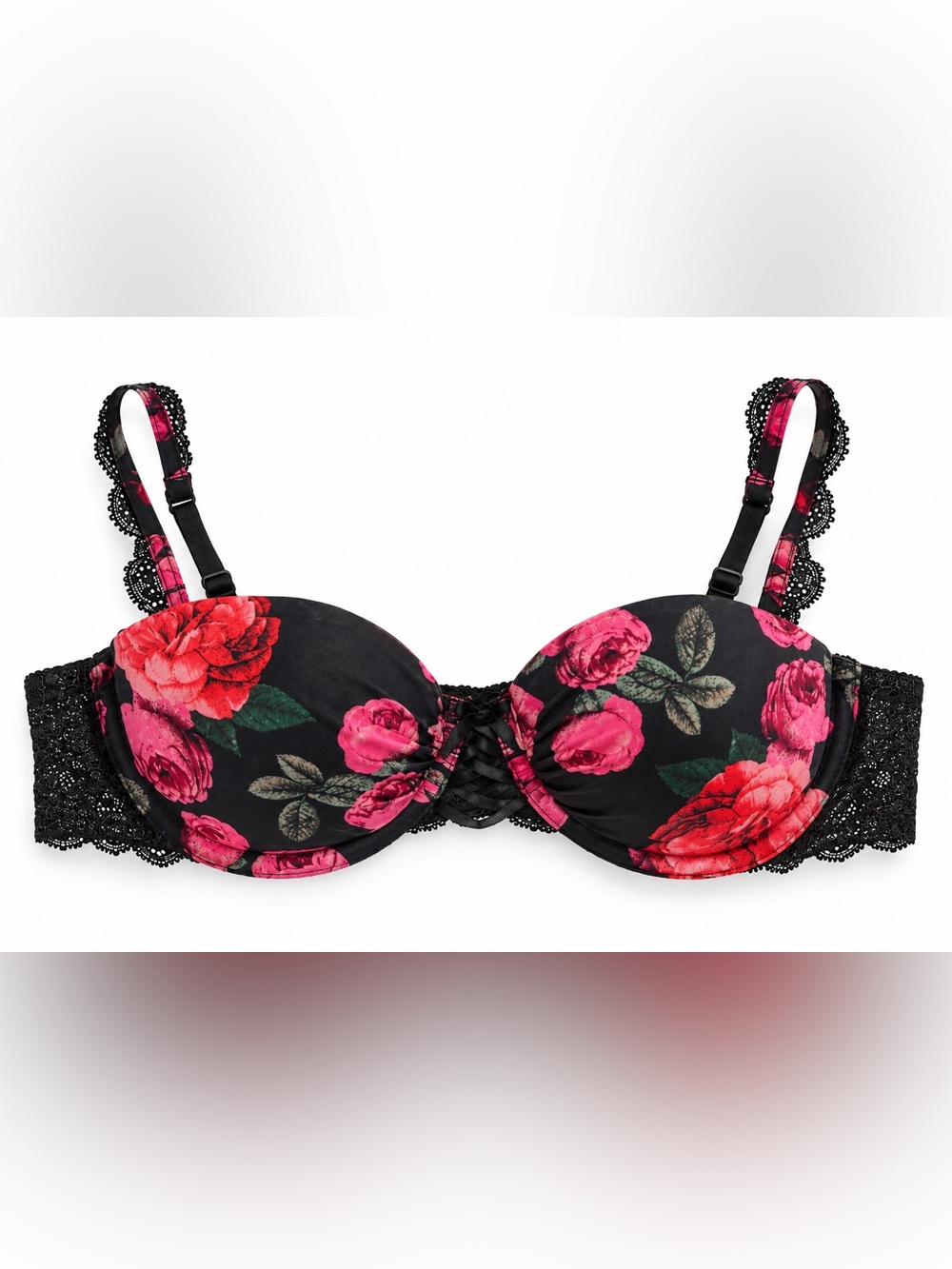 H&M Floral Lace Trim Underwire Bra - Black with Pink & Red Roses